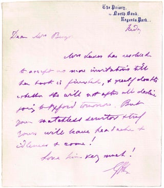 Item #50331 [Manuscript Letter Declining an Invitation]. George Henry LEWES, George ELIOT,...