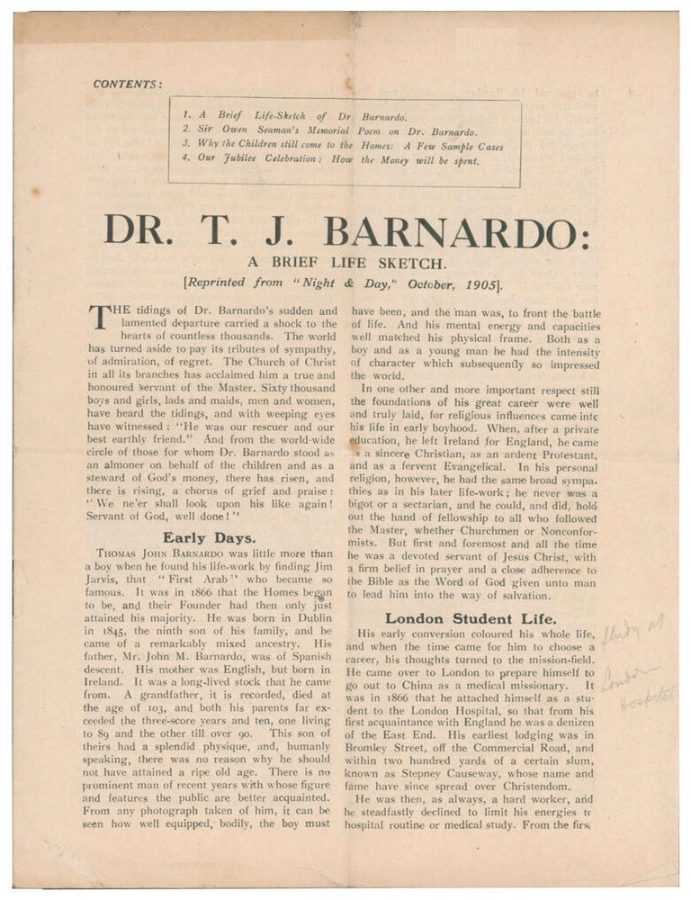 Item #57241 DR. T.J. Barnardo: A Brief Life and Sketch. Reprinted from "Night & Day," October, 1905. ANONYMOUS.