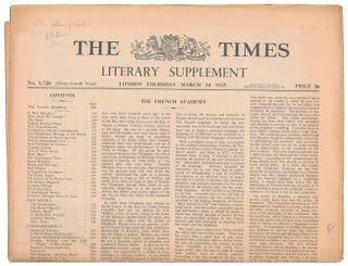 Item #59010 Displaced Scholars [in] The Times Literary Supplement. No. 1728. Winston CHURCHILL