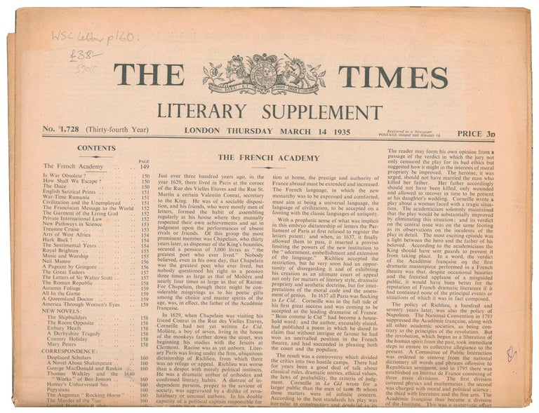 Item #59010 Displaced Scholars [in] The Times Literary Supplement. No. 1728. Winston CHURCHILL.