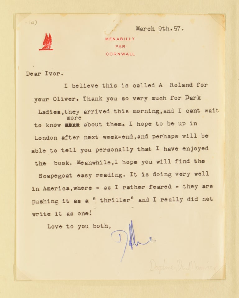 Item #61738 The Scapegoat [with a Typed Letter Signed]. Daphne DU MAURIER, 1907–1989, Dame.
