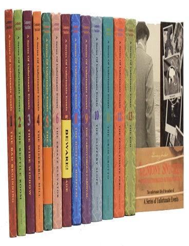 Item #61767 A Series of Unfortunate Events [Complete]. The Bad Beginning, The Reptile Room, The Wide Window, The Miserable Mill, The Austere Academy, The Ersatz Elevator, The Vile Village, The Hostile Hospital, The Carnivorous Carnival, The Slippery Slope, The Grim Grotto, The Penultimate Peril, The End, and The Unauthorized Autobiography. Lemony SNICKET, born 1970, Daniel HANDLER, Brett HELQUIST.