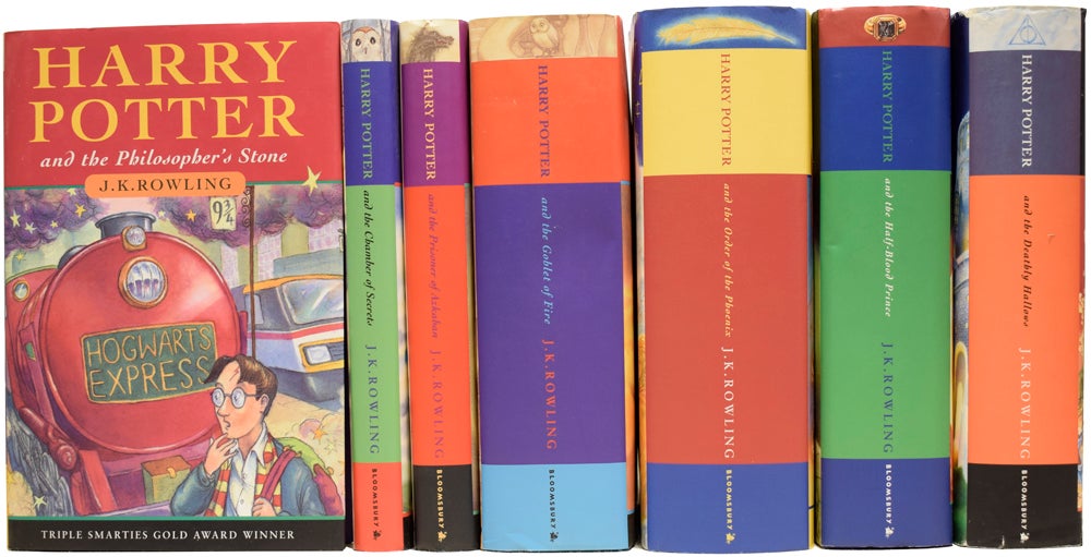 Harry Potter, complete set of the collector's deluxe editions:  Philosopher's Stone, Chamber of Secrets, Prisoner of Azkaban, Goblet of  Fire, Order of the Phoenix, Half-blood Prince, and Deathly Hallows