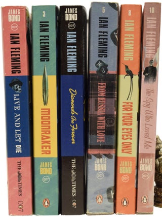 Group of 'Bond Re-jacketed' paperback series. Comprising: Live and Let Die, Moonraker, Diamonds Are Forever, From Russia With Love, For Your Eyes Only (short stories inc. From A View To A Kill, Quantum of Solace), and The Spy Who loved Me