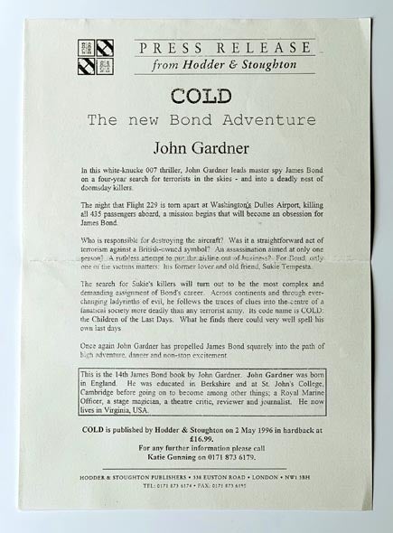 Item #65200 Cold [James Bond series]. Ian FLEMING, John GARDNER.