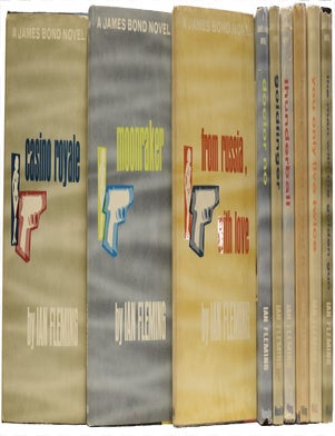 Item #66511 Dollar Mystery Guild Uniform edition of the James Bond novels. A complete set. Comprising Casino Royale, Moonraker, From Russia With Love, Dr. No, Goldfinger, Thunderball, The Spy Who Loved Me, You Only Live Twice and The Man with the Golden Gun (all that were published). Ian Lancaster FLEMING.