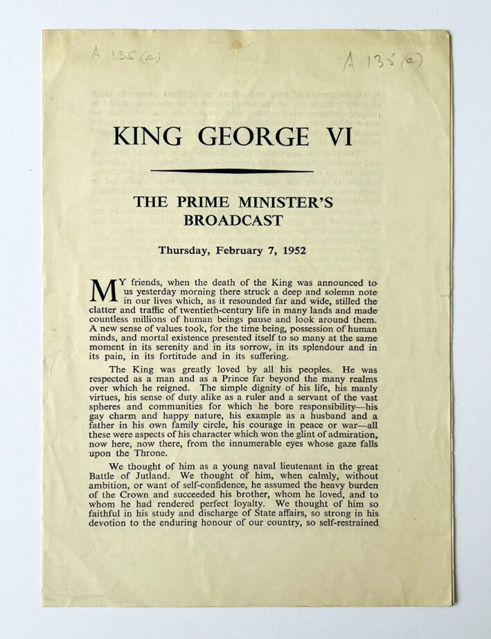 Item #69599 King George VI. The Prime Minister's Broadcast. Winston CHURCHILL, pencer, Sir.