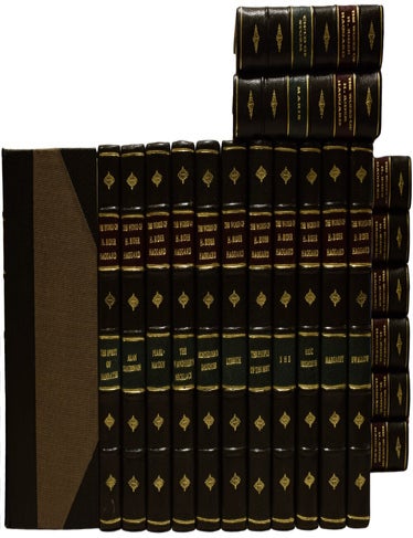 Item #70490 The Works of H. Rider Haggard. Pearl-maiden, Cleopatra, Allan Quartermain, Marie, Nada the Lily, Margaret, Elissa, Black Heart and White Heart, Child of Storm, The Spirit of Bambatse, She, Morning Star, Eric Brighteyes, Montezuma's Daughter, Lysbeth, The People of the Mist, The Wanderer's Necklace, Heart of the World, Jess, Swallow, [and] King Solomon's Mines. Henry Rider HAGGARD, Sir.