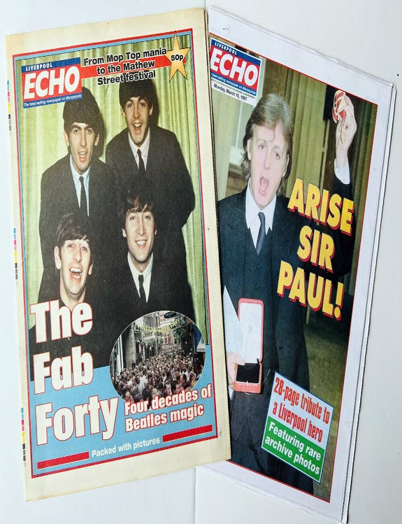 Item #71041 Liverpool Echo. Two commemorative newspapers. The BEATLES, Paul McCARTNEY.