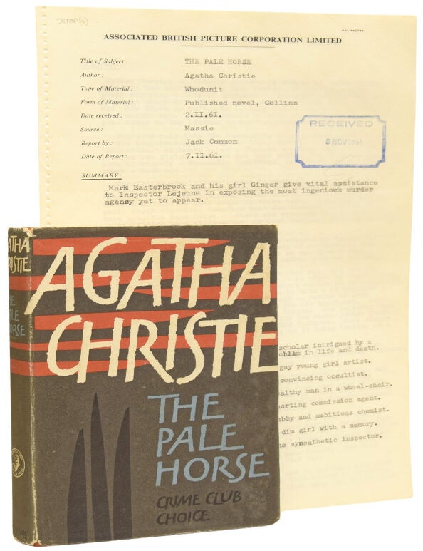 Item #74491 The Pale Horse: Associated British Picture Corporation (ABPC) reader's report, favourably assessing the novel's potential for film adaptation, together with a First Edition book. Agatha CHRISTIE, Jack COMMON.