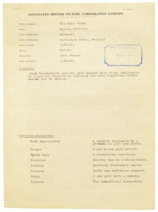 The Pale Horse: Associated British Picture Corporation (ABPC) reader's report, favourably assessing the novel's potential for film adaptation, together with a First Edition book.