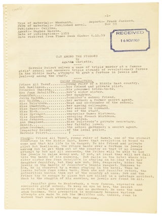 Cat Among the Pigeons: Associated British Picture Corporation (ABPC) reader's report, unfavourably assessing the novel's potential for film adaptation, together with a First Edition book.