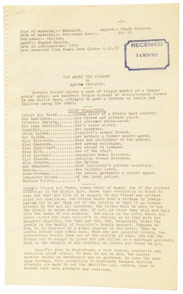 Cat Among the Pigeons: Associated British Picture Corporation (ABPC) reader's report, unfavourably assessing the novel's potential for film adaptation, together with a First Edition book.