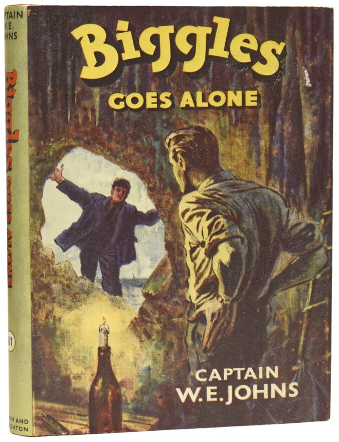 Item #75373 Biggles Goes Alone. A Biggles Adventure with a Difference. Captain W. E. JOHNS, Leslie STEAD.