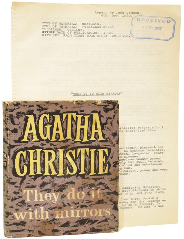 Item #75570 They Do It With Mirrors. Associated British Picture Corporation (ABPC) reader's report, unfavourably assessing the novel's potential for film adaptation, together with a First Edition book. Agatha CHRISTIE, Jack COMMON, report author, Dame.