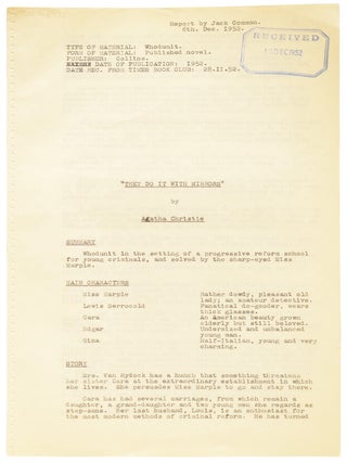 They Do It With Mirrors. Associated British Picture Corporation (ABPC) reader's report, unfavourably assessing the novel's potential for film adaptation, together with a First Edition book.