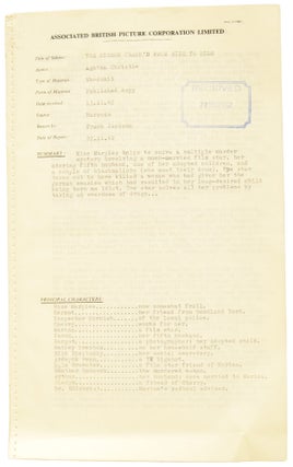 The Mirror Crack'd From Side To Side. Associated British Picture Corporation (ABPC) reader's report, unfavourably assessing the novel's potential for film adaptation, together with a First Edition book.