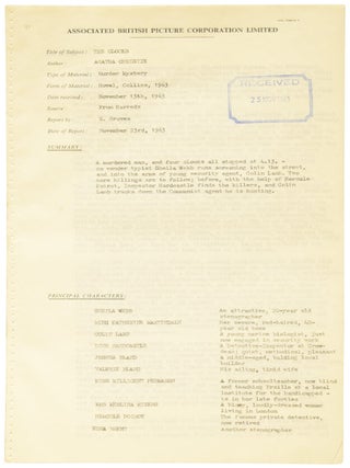 The Clocks. Associated British Picture Corporation (ABPC) reader's report, favourably assessing the novel's potential for film adaptation, together with a First Edition book.