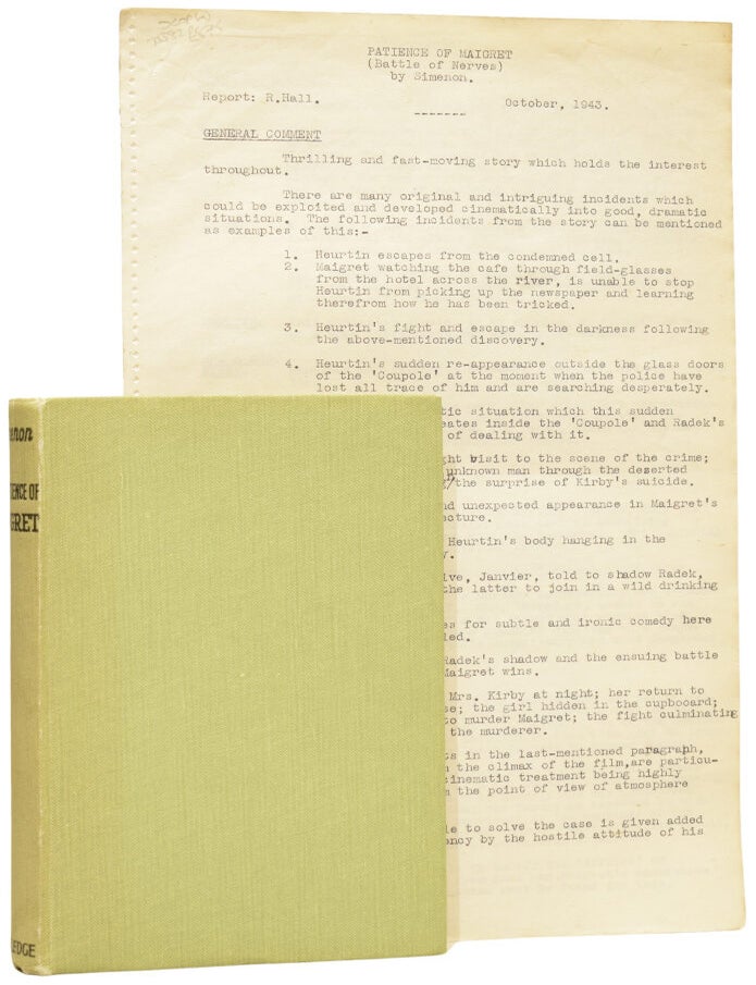 Item #75582 The Patience of Maigret / A Battle of Nerves. Associated British Picture Corporation (ABPC) reader's report, favourably assessing the novel's potential for film adaptation, together with a vintage hardback book. Georges SIMENON, R. HALL, report author.