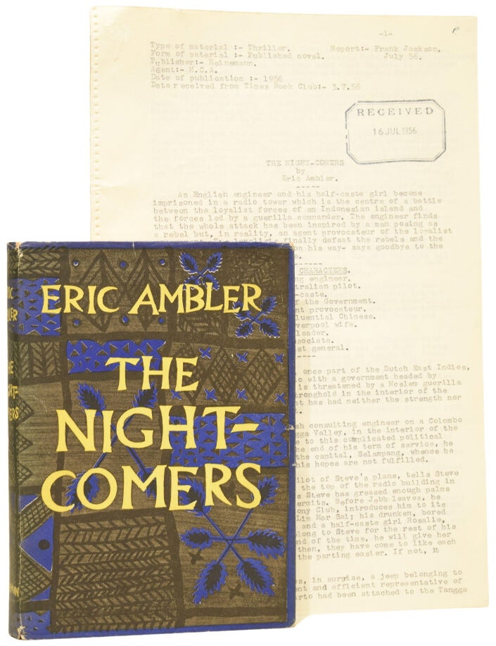 Item #76181 The Night-Comers. Associated British Picture Corporation (ABPC) reader's report, favourably assessing the novel's potential for film adaptation, together with a First Edition book. Eric AMBLER, Frank JACKSON, report author.