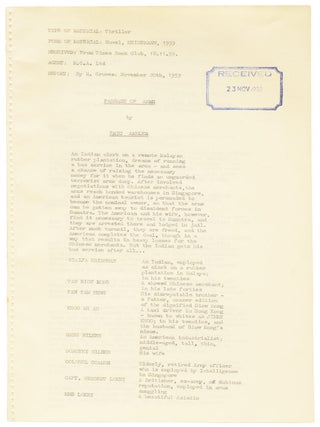 Passage of Arms. Associated British Picture Corporation (ABPC) reader's report, favourably assessing the novel's potential for film adaptation, together with a First Edition book.