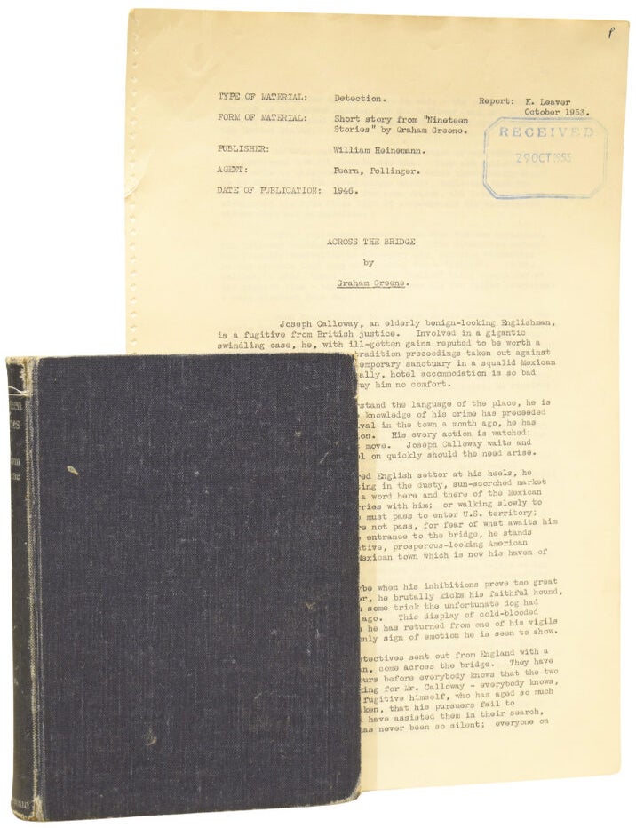 Item #76183 Across The Bridge. Associated British Picture Corporation (ABPC) reader's report, favourably assessing the novel's potential for film adaptation, together with a First Edition book 'Nineteen Stories' containing the tale. Graham GREENE, K. LEAVER, report author.