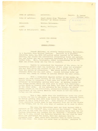 Across The Bridge. Associated British Picture Corporation (ABPC) reader's report, favourably assessing the novel's potential for film adaptation, together with a First Edition book 'Nineteen Stories' containing the tale.